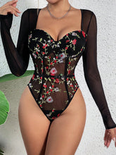 Floral Embroidery Mesh Panel Bustier Bodysuit